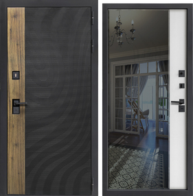 Стальная дверь, Флекс, софт антрацит/орех каньен коньяк-софт белый, 960*2050 (Пр), зеркало графит (фацет), в комплекте с замком, ЗПК