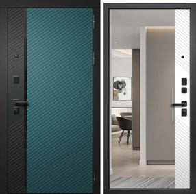 Стальная дверь, Дилайн, черный муар/velluto verde-velluto bianco, 960*2050 (Пр), Зеркало, в комплекте с замком, FLYDOORS