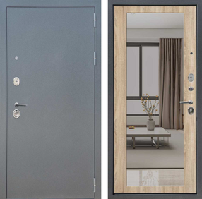 Стальная дверь, Аркан Зеркало, букле графит-дуб сонома, 860*2050 (Л), Зеркало, в комплекте с замком, FLYDOORS