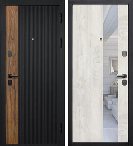 Стальная дверь, КАНТРИ ЗЕРКАЛО, сатин черный/тиковое дерево-лиственница камчатская, 860*2050 (Пр), Зеркало, в комплекте с замком, Ferroni