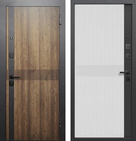 Стальная дверь, ВУД ВЕРТИКАЛЬ, орех кантри патина/сатин черный-сатин белый/сатин черный, 860*2050 (Л), в комплекте с замком, Ferroni